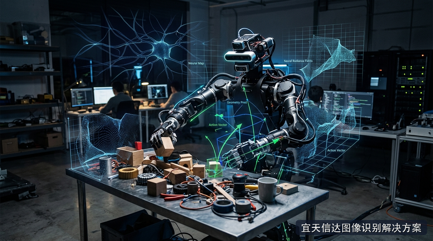 多模态生成式世界模型与连续空间辐射流形人形机器人交互仿真系统图